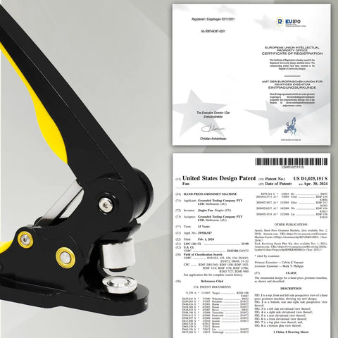 Heavy Duty Grommet Tool Kit And Eyelet Punch Machine With Three To Five Inch Die Comes With 80 Gold Brass Grommets, and patent documents