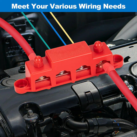 Heavy Duty 12V Bus Bar Power Distribution Block 250A mounted on engine with red wires connected for automotive wiring setup.
