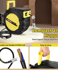 65 Ft Retractable Extension Cord Reel With 3 Grounded Outlets, lighted triple tap, durable SJTOW cord, ergonomic handle shown