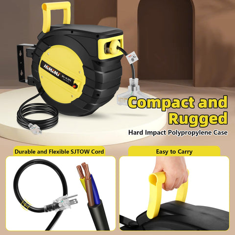 65 Ft Retractable Extension Cord Reel With 3 Grounded Outlets, lighted triple tap, durable SJTOW cord, ergonomic handle shown