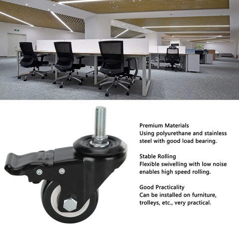 Built Tough 25 Inch Swivel Caster Wheel With Snappy Lock Brake And Twin Bearings For Heavy Duty Cart Furniture Trolley Low Noise Poly Roller M12 Mount showcased in an office setting.