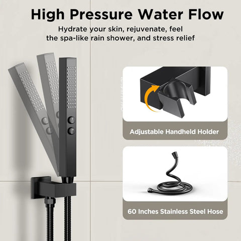 Straight Up Premium Matte Black Shower System With Ceiling Rainfall Head And Handheld Sprayer Plus Four Body Jets Built Tough For Smooth Water Flow And Real Spa Vibes Everywhere