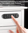 Smart Biometric Cabinet Lock With Fingerprint Password And USB Key on white drawer, hand entering numeric code.
