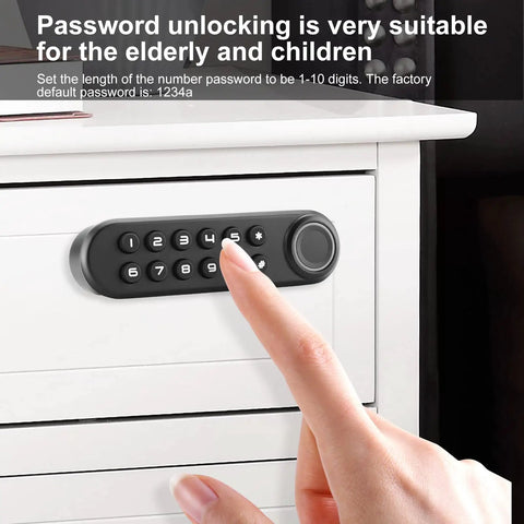 Smart Biometric Cabinet Lock With Fingerprint Password And USB Key on white drawer, hand entering numeric code.