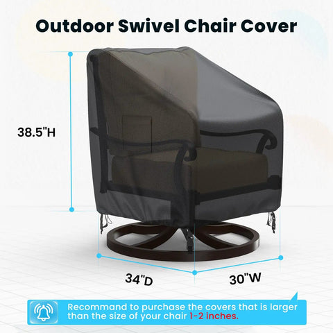 Heavy Duty Outdoor Swivel Lounge Chair Cover 2 Pack Waterproof Fits 30W x 34D x 38.5H Inches showing chair dimensions and fit.