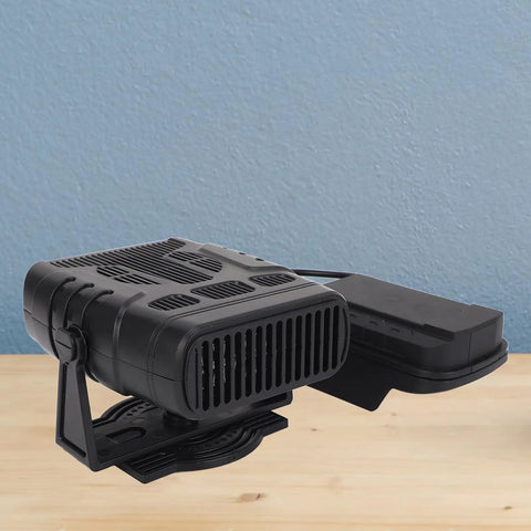 Pocket Sized USB Battery Space Heater Running Smooth With Dual Phone Chargers And Two Comfort Settings Tailor Made For Office Desks Camping Trails Or Road Trips Sweet on a wooden surface against a blue wall.