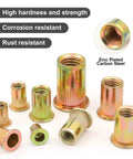 200-piece set of zinc-plated carbon steel rivet nuts with knurled bodies, 10-32 UNC, assorted sizes.