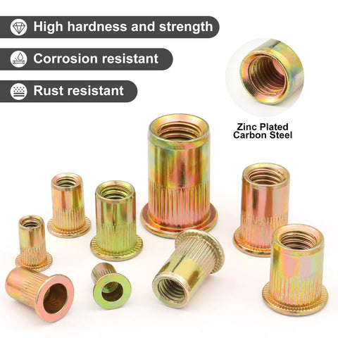 200-piece set of zinc-plated carbon steel rivet nuts with knurled bodies, 10-32 UNC, assorted sizes.