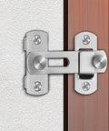Silver 180 Degree Flip Sliding Barn Door Lock for Privacy, Heavy Duty Barn Door Latch Kit, installed on a wood and white wall surface