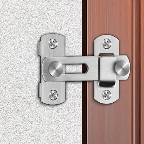 Silver 180 Degree Flip Sliding Barn Door Lock for Privacy, Heavy Duty Barn Door Latch Kit, installed on a wood and white wall surface