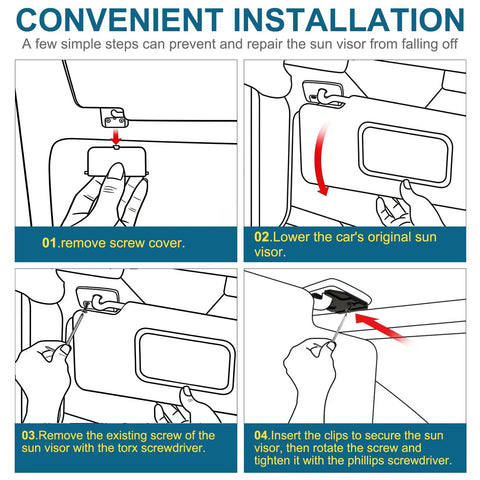 Installation steps for Aluminum Black Sun Visor Clip Repair Kit For Ram 1500 Trucks 2019 Through 2026.