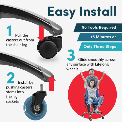 Easy install guide for Heavy Duty Office Chair Wheels Set Of 5 For Hardwood Floors And Carpet Replacement Rubber Casters