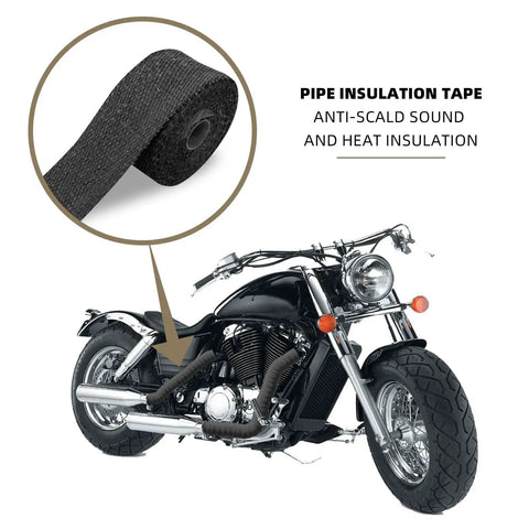 2 Pack Fireproof Pipe Wrap Insulation 2 Inch Wide 16 Feet Long Fiberglass Heat Shield Tape Pipe Webbing For Stove Flue Protector Includes 4 Clamps Black shown on motorcycle exhaust