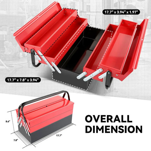 Open 18 Inch Metal Tool Box With 3 Layer Folding Cantilever Tray System, 5 Drawers, Heavy Duty Tool Organizer for garage storage