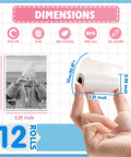 12 Roll Kids Instant Camera Thermal Paper Refill Pack For Kids Cameras BPA Free HD Thermal Paper White 112 Inches By 2.2 Inches Each Roll Easy Refill For Fun Snaps And Photo Moments. Dimensions graphic with 12 rolls and 2.21 inch paper size