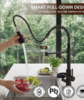 Commercial Grade Kitchen Workstation Faucet with Glass Rinser & LED, 19" pull-down hose in use rinsing fruit.