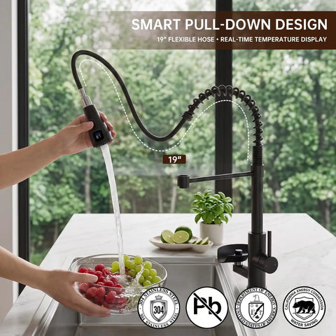 Commercial Grade Kitchen Workstation Faucet with Glass Rinser & LED, 19" pull-down hose in use rinsing fruit.