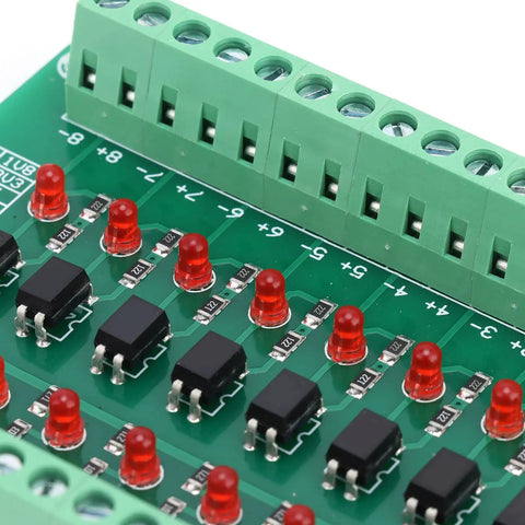 Close-up of 8 Channel Optical Isolation Module For PLCs With 20kHz Switching Frequency Optocoupler Converter Board showing LED indicators and connectors.
