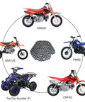 YOXUFA 420 motorcycle chain, 132 links, steel with chain breaker; centered among six mini dirt bikes and ATVs