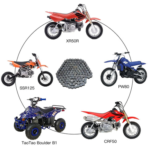 YOXUFA 420 motorcycle chain, 132 links, steel with chain breaker; centered among six mini dirt bikes and ATVs