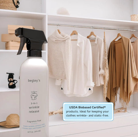 The Ultimate 3 In 1 Wrinkle Release Spray That Kicks Static Cling And Cuts Odor For Crisp Clothes Without Ironing In A Legit Plant Derived Quick Fix 3 Oz Travel Bottle With No Sweat Fabric Refresher Power on display with clothes.
