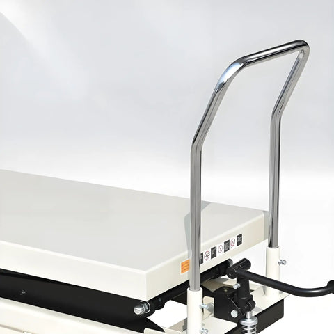 Close-up of the handle and hydraulic control of the Heavy Duty Manual Hydraulic Scissor Lift Platform for easy maneuvering.