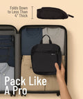 On The Go Travel Toiletry Bag With Ten Compartments Hanging Cosmetic Organizer folded in suitcase, water resistant nylon, men's clothing