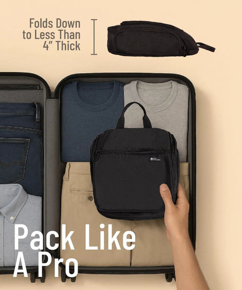 On The Go Travel Toiletry Bag With Ten Compartments Hanging Cosmetic Organizer folded in suitcase, water resistant nylon, men's clothing