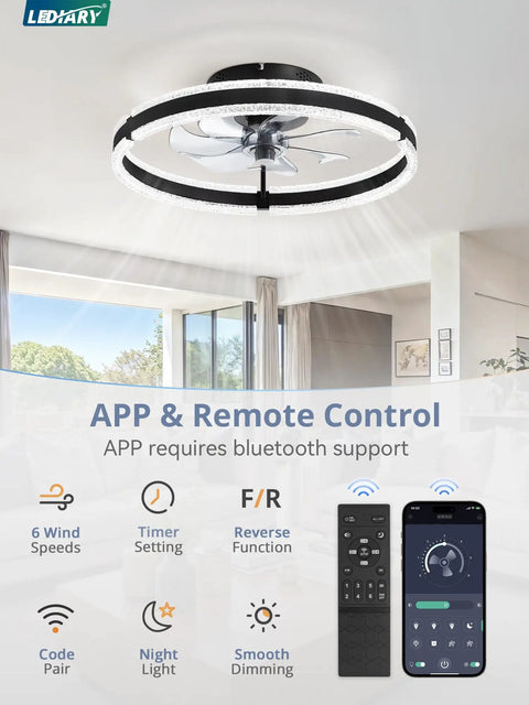 Top Tier 20 Inch Low Profile Ceiling Fan With Slick Dimmable Light And Wireless Remote Control in modern living room.