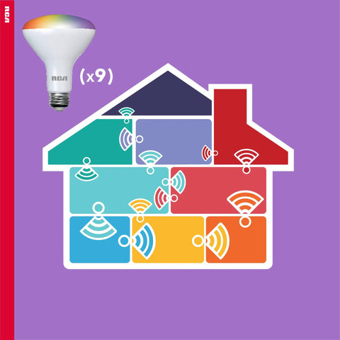 WiFi Smart BR30 LED Flood Light Bulb 12 Pack 9W 60W Equivalent multicolor bulb diagram showing smart home connectivity.