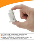 Hand holding 49621 PS1609293 dryer leveling foot for Whirlpool dryers, adjustable plastic foot in white, pack of 4 included.