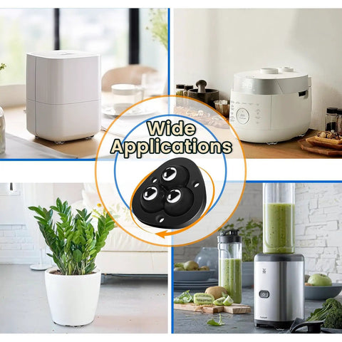 Collage showing wide applications of Self Adhesive Caster Wheels For Appliances 360 Degree Swivel Sliders, including coffee makers and air fryers.