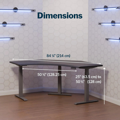 Top Tier Curved Electric Standing Desk With Quiet Dual Motors, Ultimate Triple Monitor Gaming Command Center And Smooth Height Adjustment In Fresh Black Slate dimensions on display.