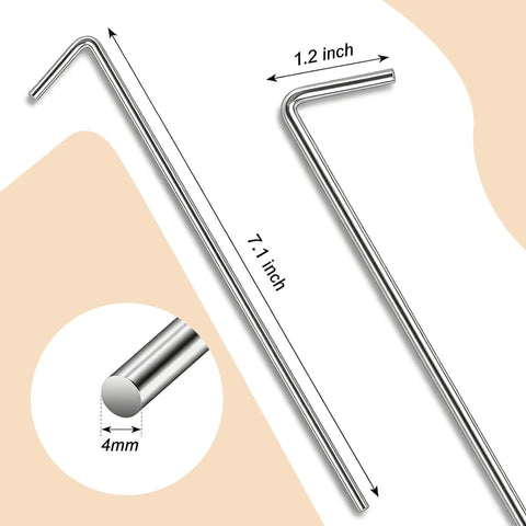 Diagram of Heavy Duty Tent Stakes 20 Pack showing 7.1 inch length and 4 mm diameter galvanized steel construction.