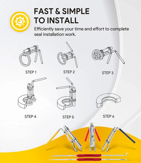 Illustration of 5 Pack Hydraulic Seal Installation Tool Kit For Rod And U Cup Seals, showing steps and tools including pick and hook.