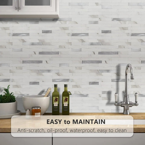 Peel And Stick Backsplash For Kitchen PVC Wall Tiles 10 Sheets Statuario White With Metal Silver Durable Scratch Resistant