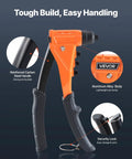 Heavy Duty Single Hand Pop Rivet Gun Kit Rigged Out With Two Hundred Blind Rivets Four Swappable Tips And Drill Bits Tucked In A Dang Sturdy Carry Case For Knuckle Busting Metal Repair Work showing reinforced carbon steel and aluminum alloy body.