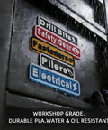 Magnetic Tool Box Label Kit 24 Pack With 3D Printed Magnetic Backing, Color Coded System in garage setting with labels
