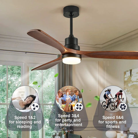 52 Inch Ceiling Fan With Lights For Indoor Outdoor Use Wood Blades Noiseless Three Blade Reversible DC Motor Modern Matte Black Ceiling Fan For Living Room Dining Room Bedroom And Summer House