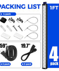 Packaging contents of 10W 1Ft Magnetic UV Blacklight LED Strip Kit For Lit Glow Parties And Home Decor, Linkable Black Lights, 4 Pack. Shows screws, mounts, cables and LED strip with plug.