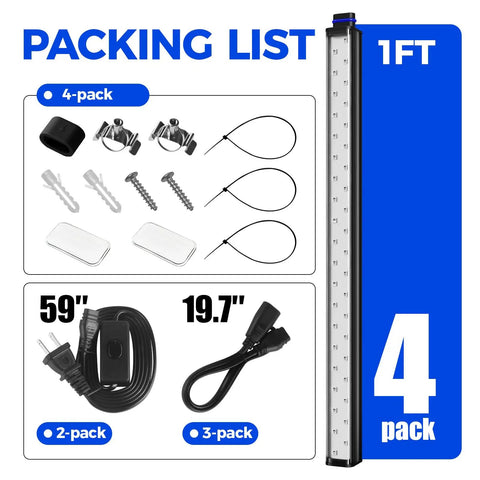 Packaging contents of 10W 1Ft Magnetic UV Blacklight LED Strip Kit For Lit Glow Parties And Home Decor, Linkable Black Lights, 4 Pack. Shows screws, mounts, cables and LED strip with plug.