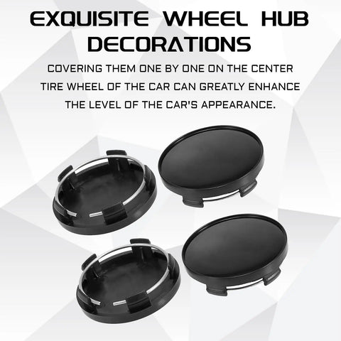 Premium 4 Pack Wheel Center Caps For Cars Trucks And Suv Snap In Rim Hub Covers waterproof sleek black finish displayed on a white background.