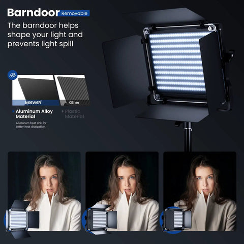 2 Pack Bi Color 660 LED Video Light Kit with barndoor showing light spill control and high CRI 96 plus stands for studio use