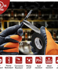 Heavy Duty PVC Electrical Tape For Commercial, Automotive And DIY Repairs UL And CSA Listed Insulating Vinyl Tape, 3/4 In By 99 Ft, Black, High Tack Adhesive, Weather And Abrasion Resistant, 1 Roll shown being used for electrical repairs, featuring UL listing and durability icons.