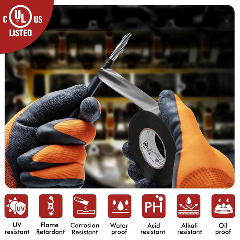 Heavy Duty PVC Electrical Tape For Commercial, Automotive And DIY Repairs UL And CSA Listed Insulating Vinyl Tape, 3/4 In By 99 Ft, Black, High Tack Adhesive, Weather And Abrasion Resistant, 1 Roll shown being used for electrical repairs, featuring UL listing and durability icons.