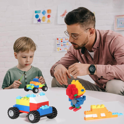 Child and adult playing with Mega 1500 Piece Building Bricks Set including wheels, doors, and colorful bricks, compatible with major brands.