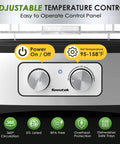 No Sweat Food Dehydrator Featuring Five Bpa Free Trays And Adjustable Temperature Control for meat jerky and dried fruit, control panel with temp settings.