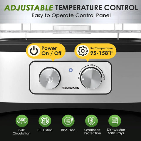 No Sweat Food Dehydrator Featuring Five Bpa Free Trays And Adjustable Temperature Control for meat jerky and dried fruit, control panel with temp settings.