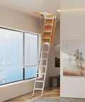 10 Foot Aluminum Attic Ladder With Pull Down System For 54 Inch Wide By 22.5 Inch Opening Non Slip Foot Mats Fits 7 Foot 8 Inch To 10 Foot 3 Inch Ceilings Beefy Heavy Duty 350 Pound Capacity installed indoors