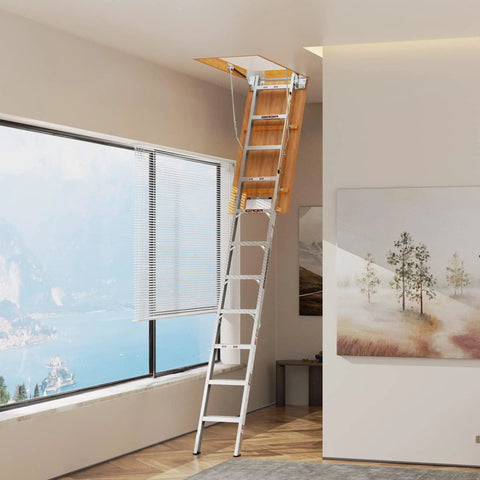 10 Foot Aluminum Attic Ladder With Pull Down System For 54 Inch Wide By 22.5 Inch Opening Non Slip Foot Mats Fits 7 Foot 8 Inch To 10 Foot 3 Inch Ceilings Beefy Heavy Duty 350 Pound Capacity installed indoors